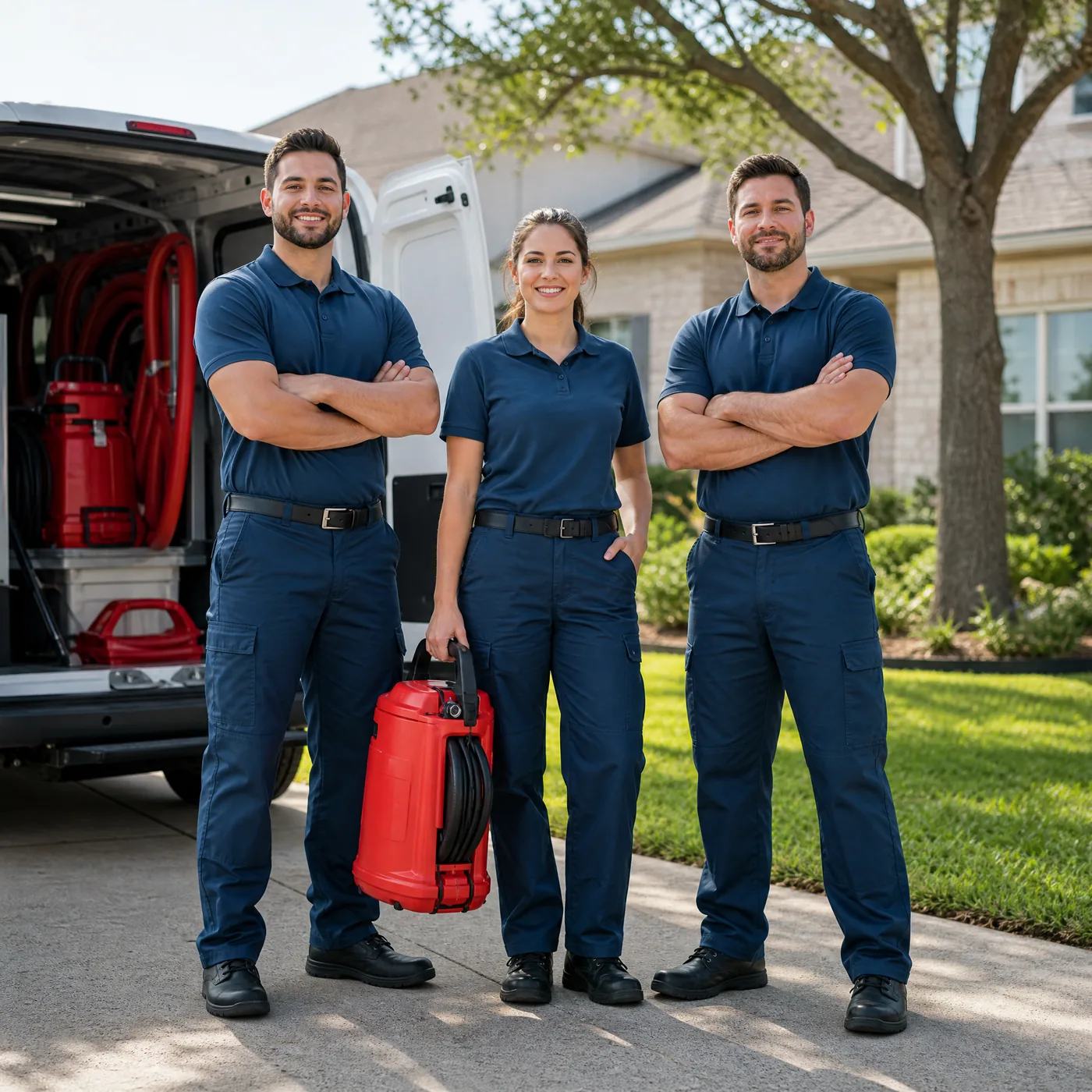 Water damage restoration professionals with drying equipment